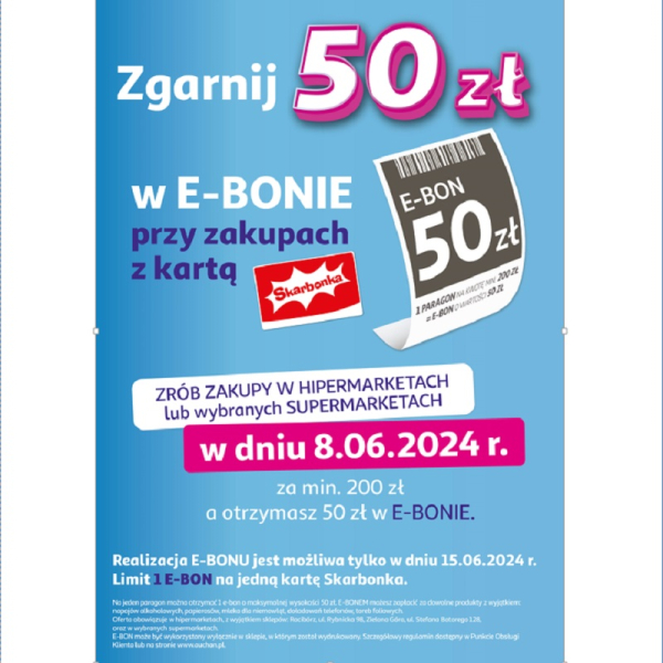 E-Bon 50zł za zakupy z kartą Skarbonka